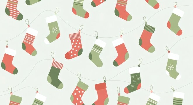 A festive collection of Christmas stockings in various patterns and colors, hanging on a light green background.