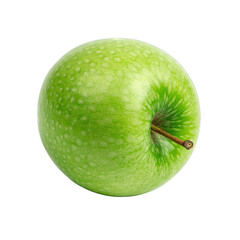 A single green apple with a brown stem isolated on a transparent background viewed from the side