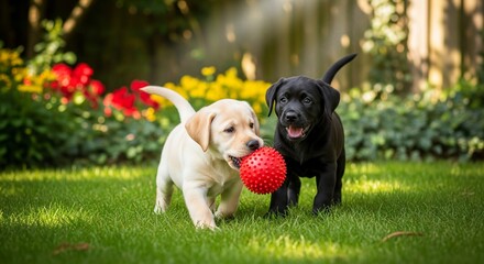 Playful Labrador Puppies with Red Ball in Sunlit Garden