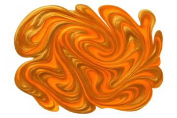 Swirling orange and gold liquid paint creating an abstract fluid marble texture on transparent background