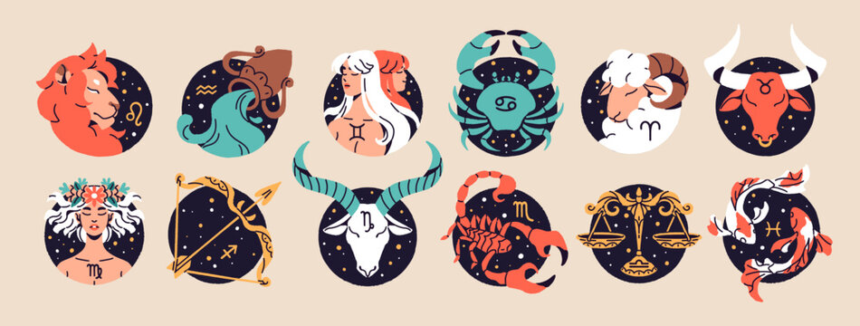 Set of circle avatars of zodiac signs. Round forms of symbols of 12 months of horoscope- aries, taurus, gemini, leo, cancer, libra, scorpio, pisces. Astrology icons. Flat isolated vector illustration