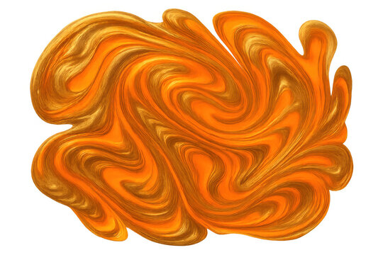 Swirling orange and gold liquid paint creating an abstract fluid marble texture on transparent background