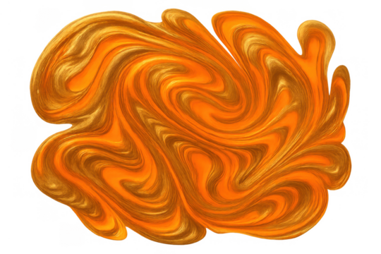 Swirling orange and gold liquid paint creating an abstract fluid marble texture on transparent background