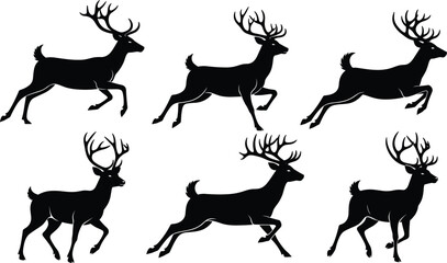 “Collection of elegant black reindeer silhouette illustrations featuring running and standing poses perfect for Christmas artwork, winter wildlife designs, festive holiday graphics”