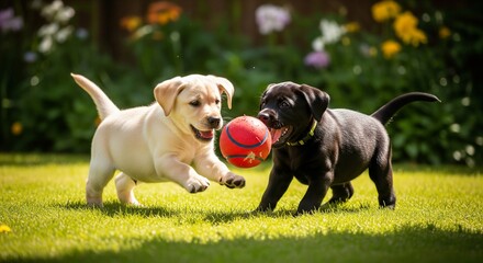 Cute Labrador Puppies in Sunny Garden with Toy