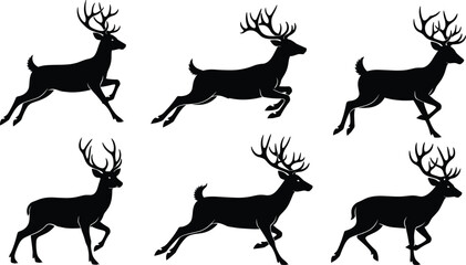 “Collection of black reindeer silhouette illustrations showing various running and standing poses perfect for Christmas designs, winter wildlife graphics, holiday themes, and decoration”