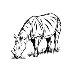 Detailed sketch of a rhinoceros grazing in grass
