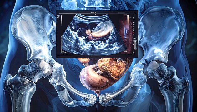 Fetus image overlaid on a pelvic bone anatomical model, with an ultrasound scan display