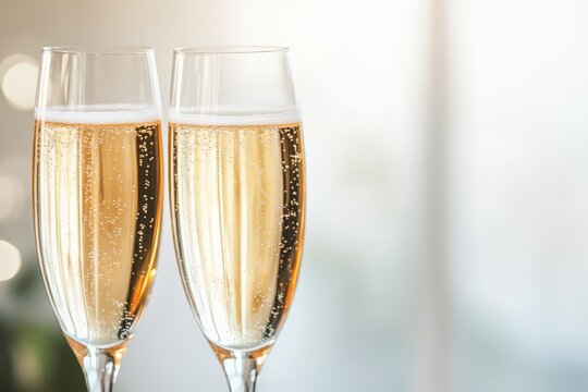 Two champagne flutes filled with bubbly sparkling wine creating a festive atmosphere, with bright bokeh and copy space