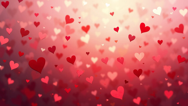 Scattered red and pink hearts float in gradient glow—romantic warmth and festive depth fill the frame.
