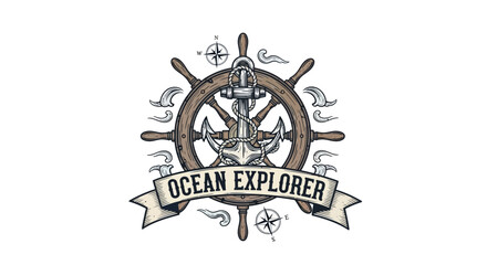 Nautical marine emblem with an anchor and a ship's wheel © Avra