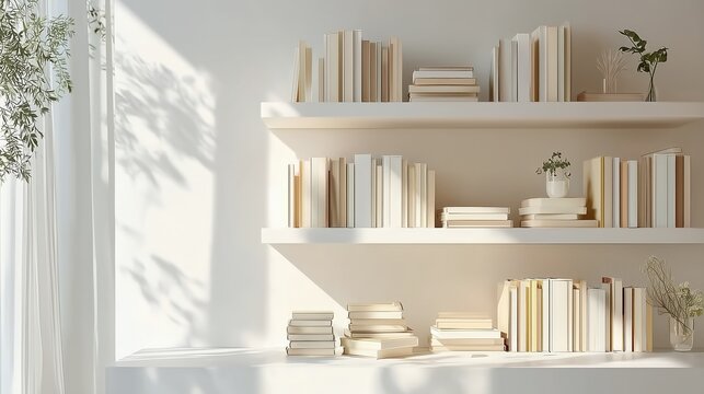 Minimalist White Bookshelf. Sunlight Cozy Elegant Home Library, Plants, Window, Books:. Zoom Virtual Backgrounds, Cozy Interior Backdrops, Living Room Backgrounds for Virtual Meetings