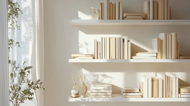 Minimalist White Bookshelf. Sunlight Cozy Elegant Home Library, Plants, Window, Books:. Zoom Virtual Backgrounds, Cozy Interior Backdrops, Living Room Backgrounds for Virtual Meetings