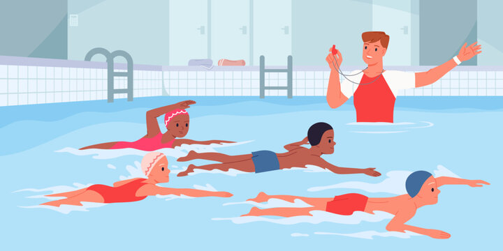 Group of diverse children learning to swim with a coach in an indoor pool, practicing strokes and water safety skills, supervised by a lifeguard, vector illustration - Powered by Adobe