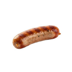 A single grilled sausage garnished with basil rests on a clean white background with natural lighting highlighting its browned texture and seasoning details