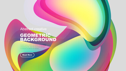 Vibrant fluid shapes overlap black space. Colorful gradients create dynamic abstract composition. Text promotes further exploration.