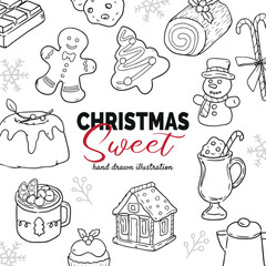 Hand drawn Christmas sweets outline drawing illustration