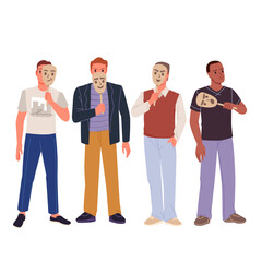 Fototapeta premium Group of four men standing and holding masks with different facial expressions, concept of hidden emotions, social roles, and identity isolated vector illustration