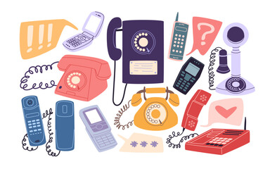 Collection of vintage rotary phones, classic landlines, early mobile cellphones, and communication symbols in colorful flat style, showing evolution of telephone technology isolated vector