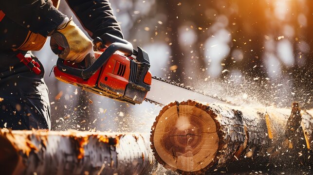 Worker using chainsaw to cut tree logs.