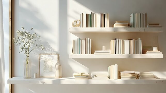 Minimalist White Bookshelf. Sunlight Cozy Elegant Home Library, Plants, Window, Books: Zoom Virtual Backgrounds, Cozy Interior Backdrops, Living Room Backgrounds for Virtual Meetings