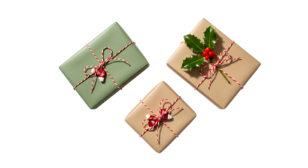 Three christmas gifts wrapped in paper isolated on transparent background