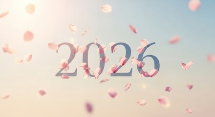 The year 2026 written in a soft font with pink cherry blossom petals floating against a pastel sky.