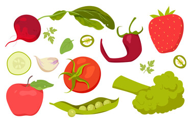 Fresh vegetables and fruits including tomato, apple, strawberry, cucumber, broccoli, chili, beetroot, garlic, pea pod, herbs, and leaves in flat style isolated vector illustration