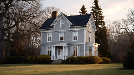 A classic grey two story house with a prominent porch stands on a well kept lawn surrounded by trees during golden hour