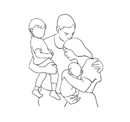 Heartwarming line art portrait of a loving family with two children, conveying togetherness, joy, and the beautiful bond of parenthood and sibling love