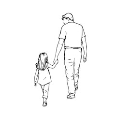 Touching father daughter moment as they walk hand in hand, a timeless bond celebrating family love and connection in a simple, elegant line drawing