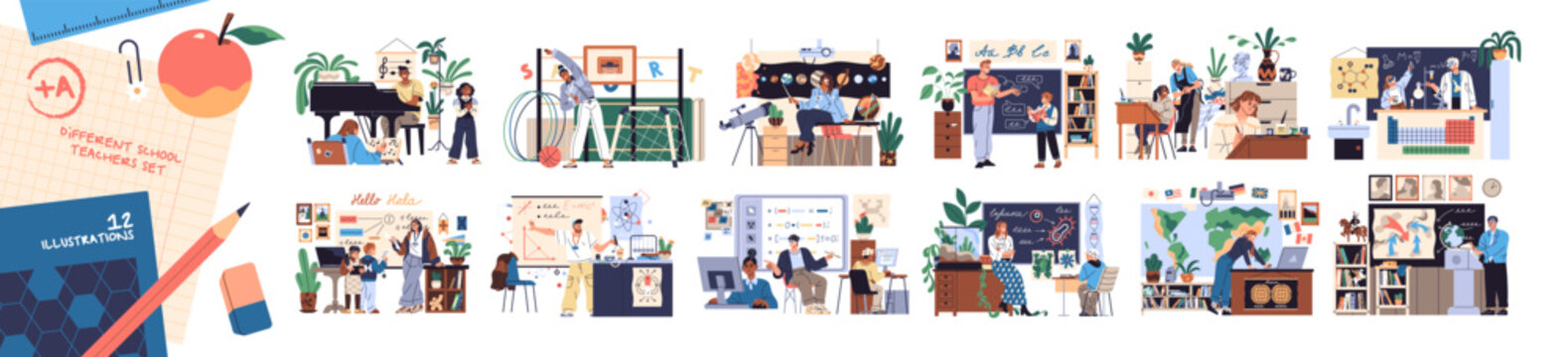 Set of teachers in classrooms. Professors explain lectures to students in class with whiteboard, blackboard. School education and subjects. Flat isolated vector illustrations on white background