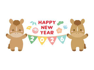 2026年午年の年賀状素材、かわいい馬とガーランドとハッピーニューイヤーの賀詞