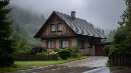 A rustic stone and timber house with wooden shutters set in a foggy rainy mountain forest landscape