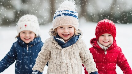 Group of happy young children wearing warm winter clothing, standing in falling snow with joyful expressions