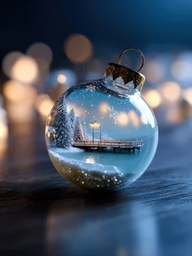 Serene Winter Scene Inside Clear Ornament with Pier and Light