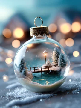 Glass Holiday Ornament Featuring Snowy Pines and Glowing Lamppost