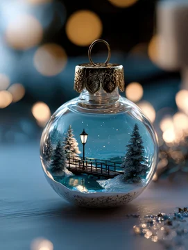 Christmas Globe with Snowy Trees, Quiet Water, and Golden Lamp