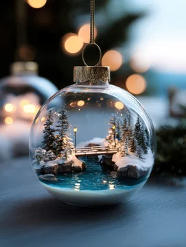 Winter Ornament Sphere with Peaceful Snowy Pier and Warm Lamp
