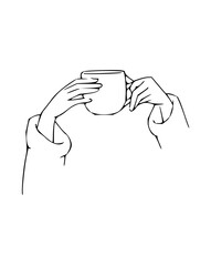 Cozy morning ritual with elegant hands holding coffee cup drawing, perfect for lifestyle blogs, minimalist art prints, or serene wellness branding ideas.