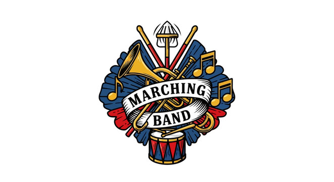 Marching Band Emblem Featuring Musical Instruments, Notes, and Drum Illustration
