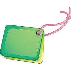 Green rectangular tag with pink string and metal grommet on transparent background