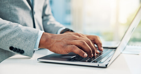 Online, hands and research with laptop in office, accountant and info for tax preparation on website. Typing, employee and person with technology for financial records, keyboard and filing returns