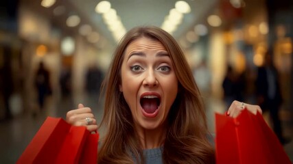 A joyful woman holding bright red shopping bags in a busy mall hallway with a wide excited expression creating an energetic celebration of retail fun
