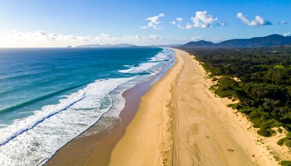 Aerial view of a vast sandy beach with ocean waves