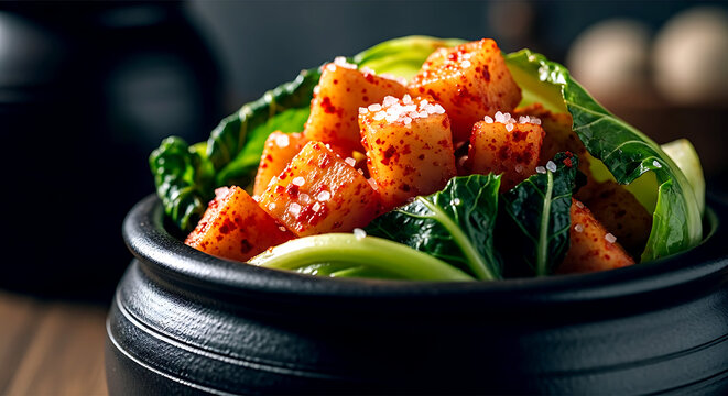 Korean ggakdugi (cubed radish kimchi) with cabbage leaves, showing crystallized salt and gochugaru coating, served in traditional onggi pottery 