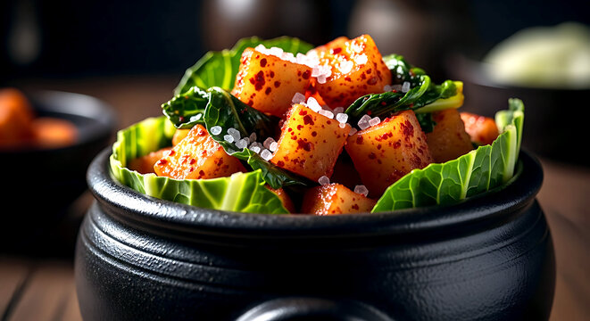 Korean ggakdugi (cubed radish kimchi) with cabbage leaves, showing crystallized salt and gochugaru coating, served in traditional onggi pottery 