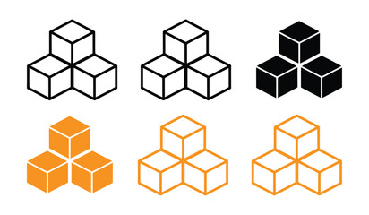 cube icon symbol with three blocks. three sugar cubes icon. cubic building icon. block chain logo icon for website design isolated on white background.