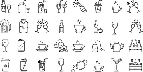 Collection of hand drawn beverage icons in black and white
