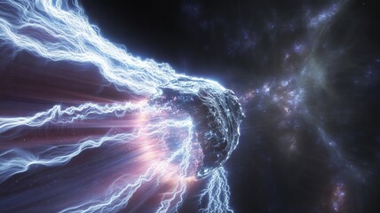 Cosmic Storm: A captivating digital depiction showcasing a celestial body enveloped in a mesmerizing storm of celestial energy, with bolts of lightning and other interstellar phenomena.